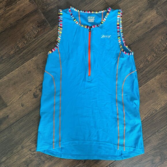 ZOOT Women's L Mesh Tri Top Tank Blue Shirt Singlet Triathlon 2 Back Pockets Zip - Picture 1 of 7